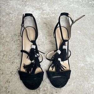 Strappy Black and Pearl Tassel Women's Heel Sandals